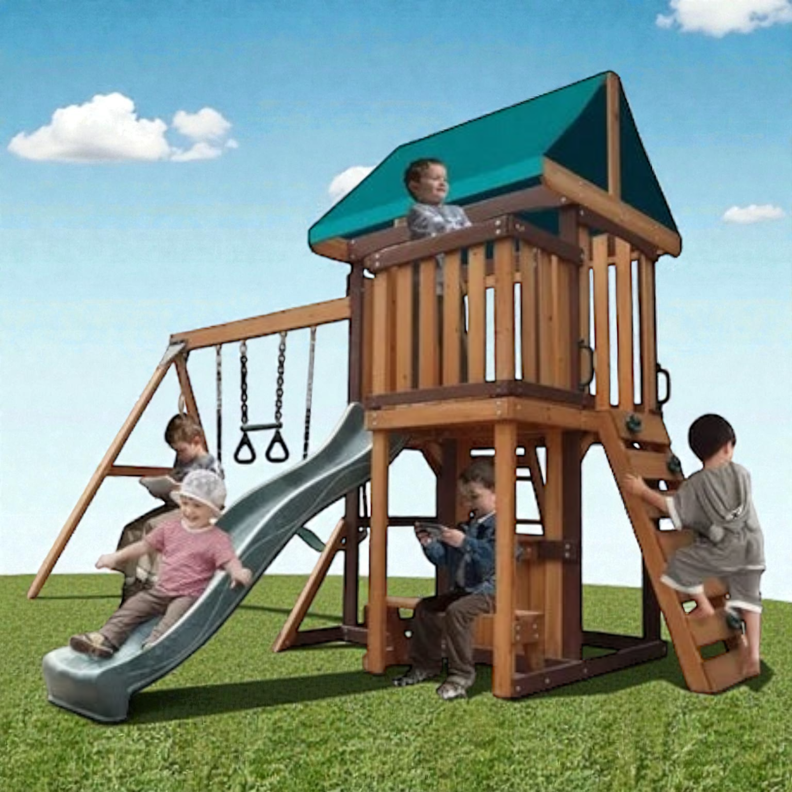 طقم أرجوحة وبيت لعب مع بلكونة – Mount Peak Logan Swing Set & Playhouse with balcony